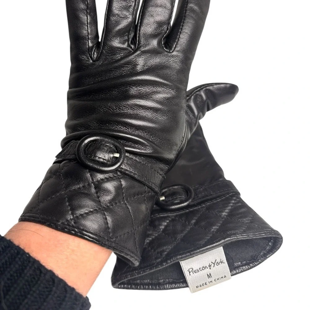Vintage Preston & York Black Leather Gloves Quilted Fleece Lined M